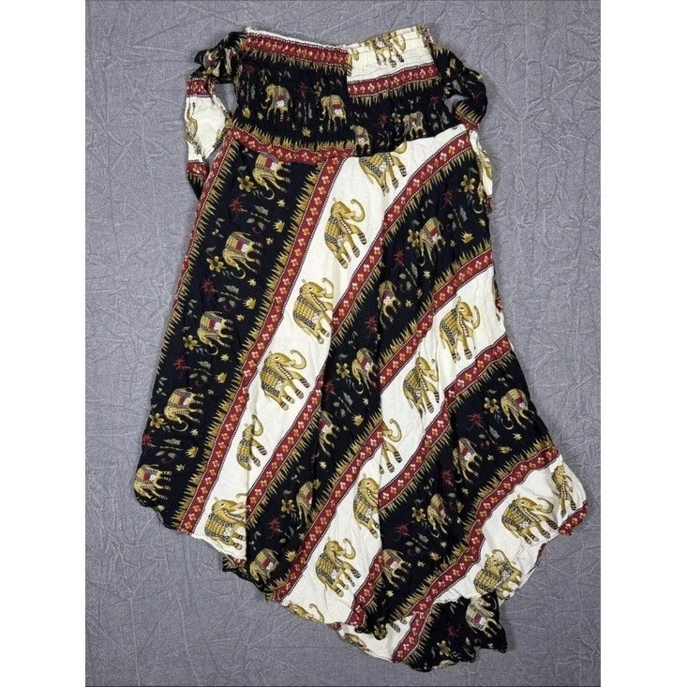 Unbranded Elephant Print‎ Smocked Boho Maxi Skirt Dress Black White Red 017